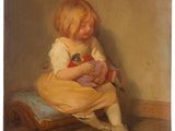 tableau représentant une petite fille assise sur une chaise, tenant un ours en peluche