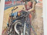 a painting of a man sitting on a motorcycle