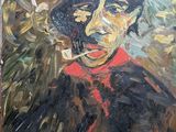 an oil painting of a man with a hat smoking a cigarette