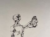drawing of a man holding a teddy bear in his right hand