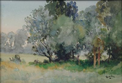 une aquarelle représentant un champ parsemé d'arbres