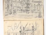 two drawings of a street with a clock tower and a street light