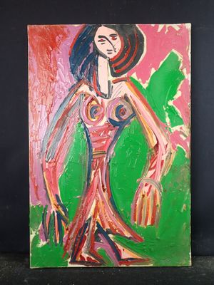 a painting of a woman in a red dress and a green hat