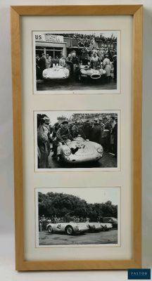 trois photographies en noir et blanc d'une voiture de course, dans un cadre en bois