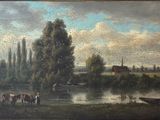 a painting of horses by a river with a church in the background