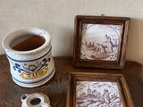 a picture of a table with a cup of tea and pictures on it