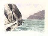 a picture of a painting of a cliff and a body of water