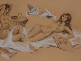 painting of two women laying on a beach with birds flying around them