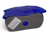 pair of blue leather gloves on a white background with a tag