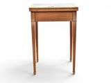 a small wooden table with a marble top on a white background