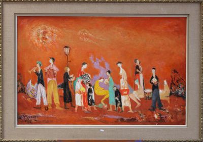 a painting of a group of people on the beach