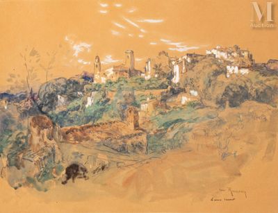 dessin représentant un paysage avec un village et un cheval au premier plan