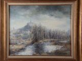an oil painting of a landscape with trees and a river