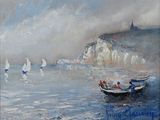 painting of a boat in the water near a cliff with sailboats
