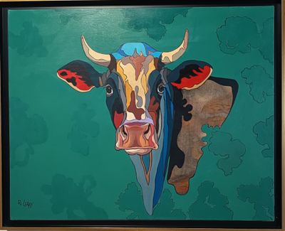 a painting of a cow with horns on a green background
