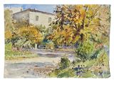 watercolor painting of a house in a garden with trees and bushes