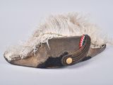 a hat with a feather on it on a white surface