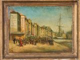 une peinture à l'huile représentant un groupe de personnes devant un bâtiment