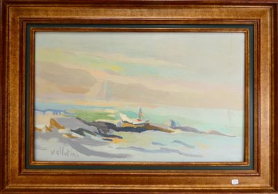 une peinture à l'huile représentant un bateau sur l'eau, dans un cadre en bois