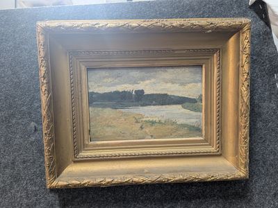 a painting of a landscape with a river in the foreground