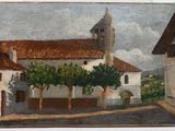 une peinture à l'huile représentant un bâtiment surmonté d'une tour horloge