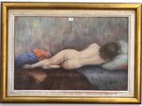 painting of a naked woman laying on a bed in a gold frame