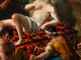 an image of a painting of a man laying on a bed with other men around him