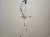 a drawing of a man walking down a street with his hand in his pocket