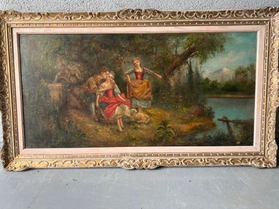 an old painting of two women sitting on a bench by a lake