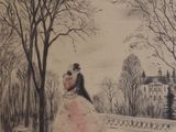 un dessin représentant une femme et un homme dans un parc
