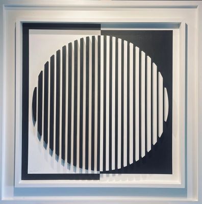black and white painting of a fish in a white frame on a wall