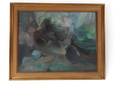 une peinture à l'huile représentant un homme assis sur un rocher dans une forêt
