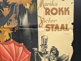 an old movie poster of a man holding an umbrella in front of a clock
