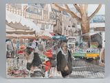 a painting of a woman and a man walking down the street