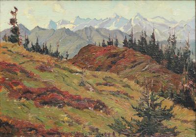 peinture représentant un tableau représentant un paysage de montagne avec des arbres et des buissons