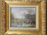 an oil painting of a street scene with people walking down the street