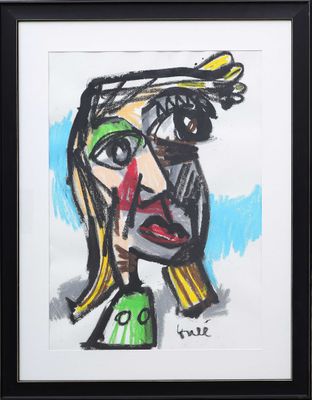 painting of a woman ' s face in a black frame with a blue background