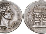 une pièce d'argent sur laquelle figurent une femme et un cheval