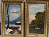 two paintings of sheep in a field with a barn in the background