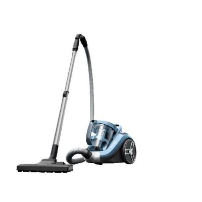 a blue and silver vacuum cleaner with a black handle