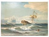 une peinture à l'huile représentant un bateau sur une mer agitée, avec d'autres bateaux en arrière-plan