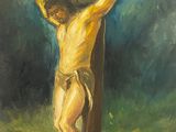 un tableau représentant un homme sur une croix, avec le ciel en arrière-plan