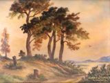 an image of a painting of trees on a hill with a bird flying in the sky