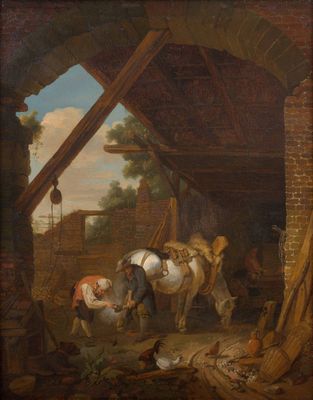une image représentant un tableau où l'on voit un homme et un cheval dans une grange