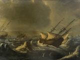 an old painting of a ship in a rough ocean with other ships in the background