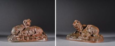 deux photos d'une statue représentant un ours sur un rocher