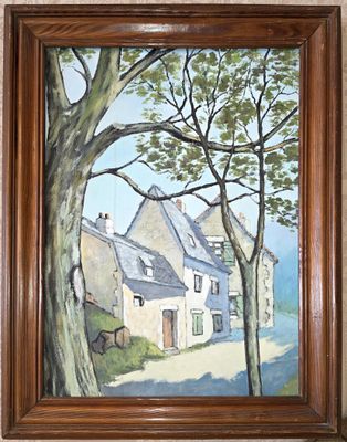 peinture représentant une maison avec un arbre devant, sur un mur