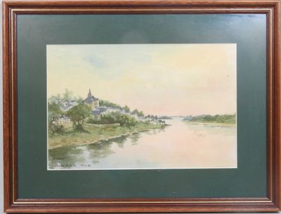 un tableau représentant une vue sur une rivière avec une église au loin