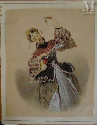 tableau représentant une femme en costume tenant un éventail dans la main droite