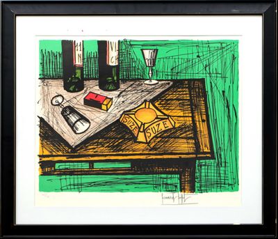 une image représentant un dessin d'une table sur laquelle se trouvent des verres à vin et une boîte